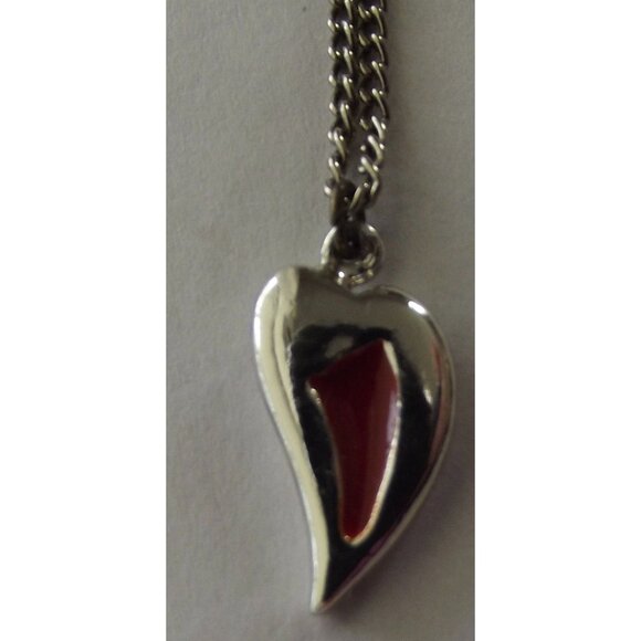 Heart Necklace Silver-tone Red Enamel 15" chain slated curved - Picture 2 of 7